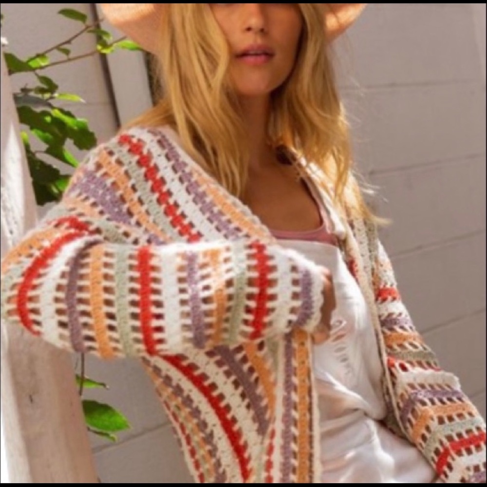 New! POL Cream Multi stripe Open Cardigan tassel